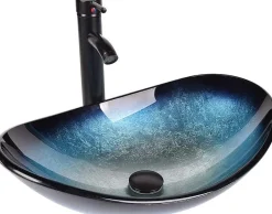 Nature Pro Lavabo Ovale en Verre avec Robinet, Vasque à Poser, Lave-Mains, Bleu Moderne, 53 x 35 x 16 cm* Lavabo