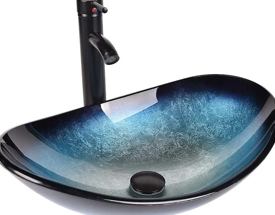 Nature Pro Lavabo Ovale en Verre avec Robinet, Vasque à Poser, Lave-Mains, Bleu Moderne, 53 x 35 x 16 cm* Lavabo