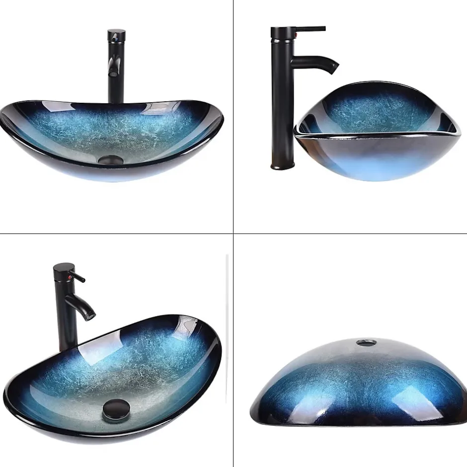 Nature Pro Lavabo Ovale en Verre avec Robinet, Vasque à Poser, Lave-Mains, Bleu Moderne, 53 x 35 x 16 cm* Lavabo