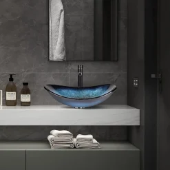 Nature Pro Lavabo Ovale en Verre avec Robinet, Vasque à Poser, Lave-Mains, Bleu Moderne, 53 x 35 x 16 cm* Lavabo