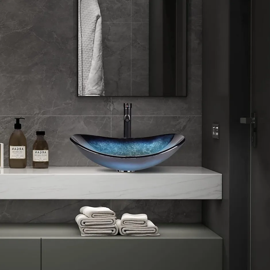 Nature Pro Lavabo Ovale en Verre avec Robinet, Vasque à Poser, Lave-Mains, Bleu Moderne, 53 x 35 x 16 cm* Lavabo