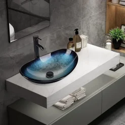 Nature Pro Lavabo Ovale en Verre avec Robinet, Vasque à Poser, Lave-Mains, Bleu Moderne, 53 x 35 x 16 cm* Lavabo