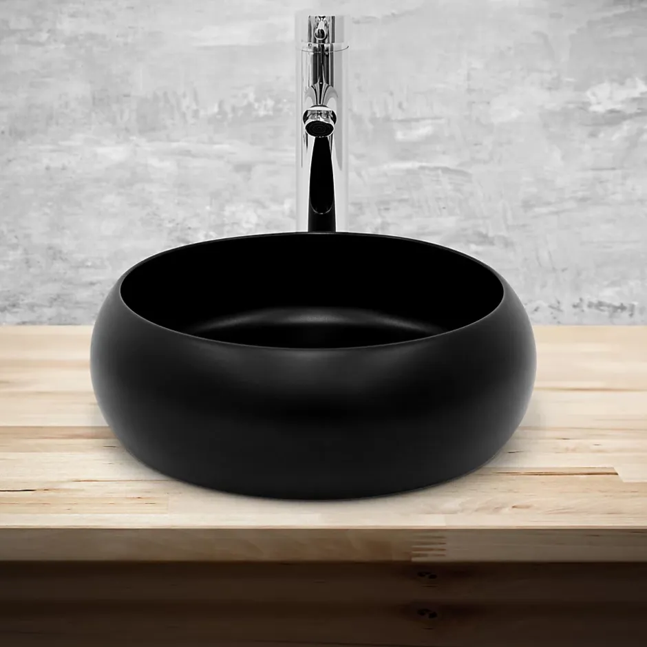 Ml-Design Lavabo rond ceramique noir vasque Evier a poser salle de bain toilette 35x12cm
