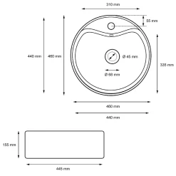 ECD Germany Lavabo Ronde en Céramique, 460x460x155 mm, Blanc, avec Garniture de Vidage