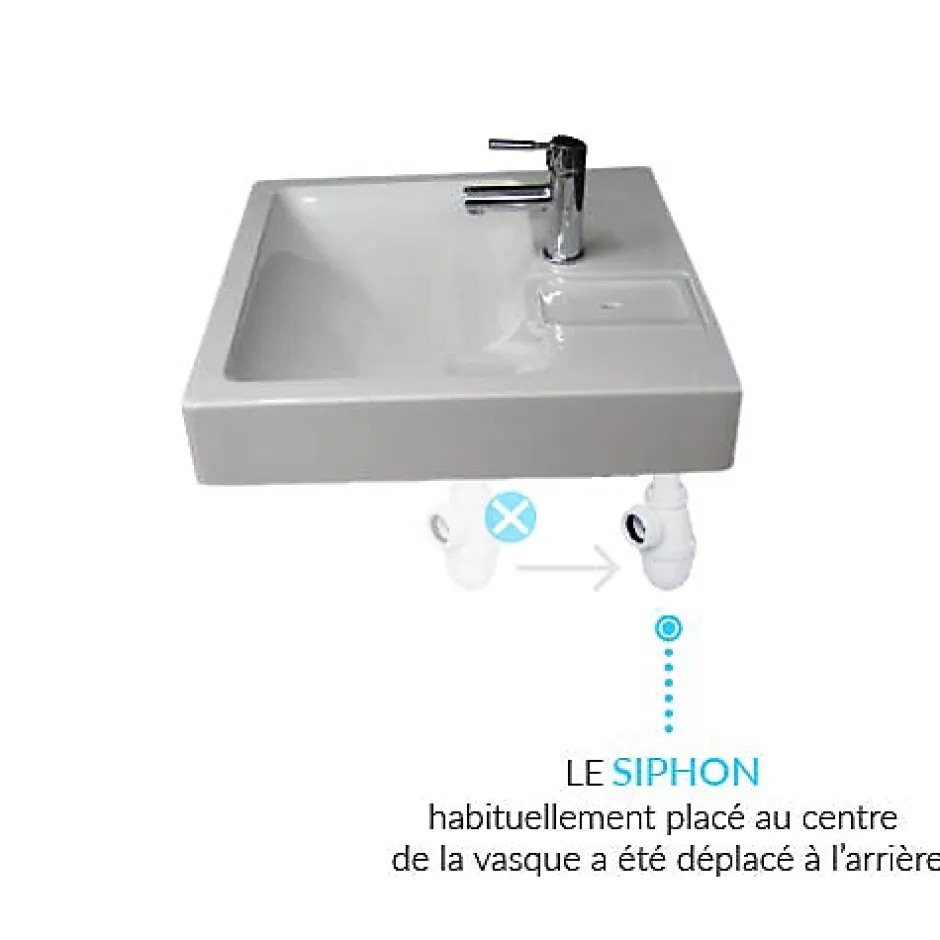 Plusdeplace Lavabo spécial Machine À Laver Gpm2 - Siphon déporté dans le coin - 47cm de profondeur libéré sous la vasque - Pour machine à lave* Lavabo