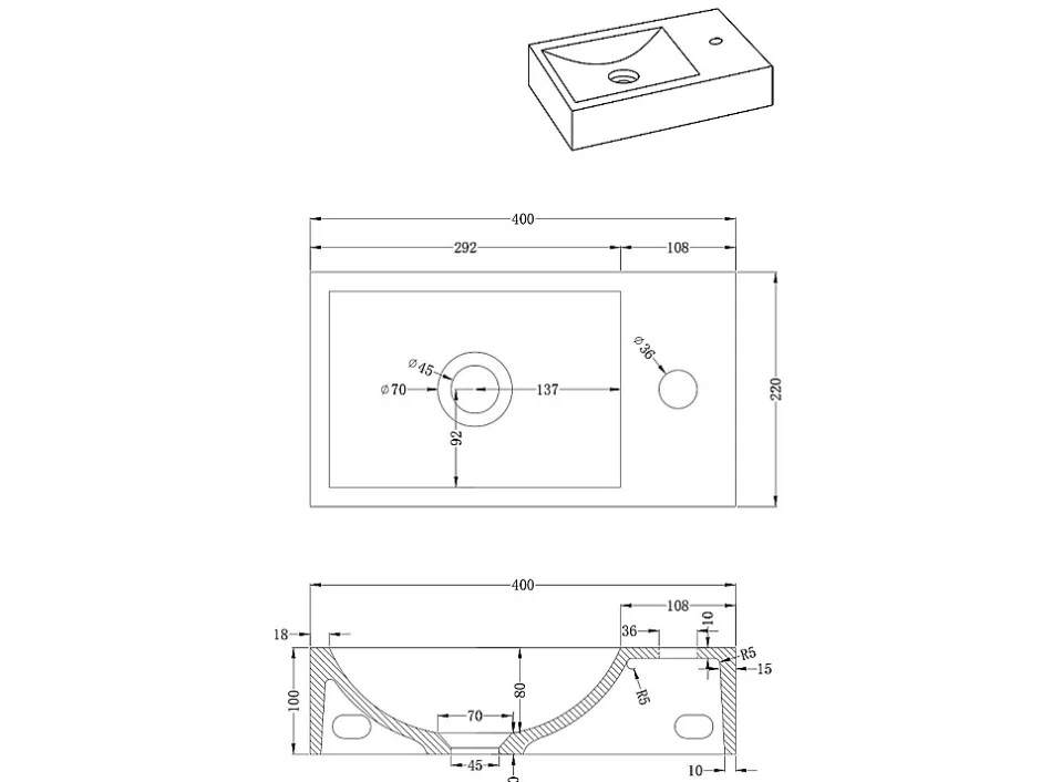 Vente-unique Lave main suspendu en béton avec support - Robinetterie à droite - L40 x l22 cm - UCHAMI