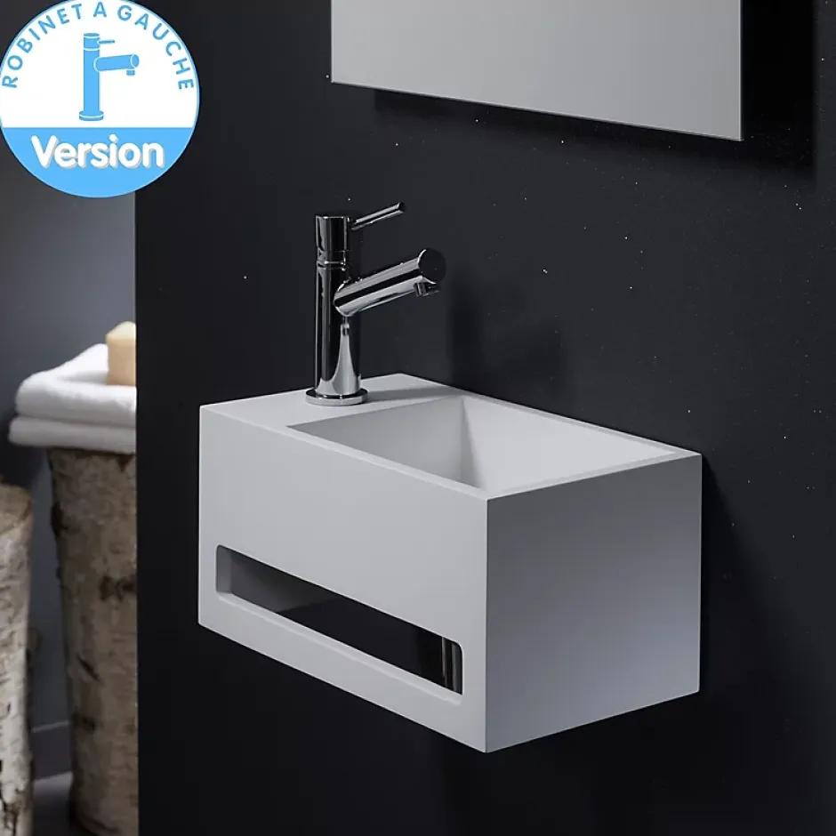 Planète Bain Lave mains Prato avec plage de robinetterie à gauche et porte-serviette* Lavabo
