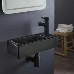 Planète Bain Lave-mains gain de place noir mat à suspendre 37 x 15 cm - robinet à droite - Longine
