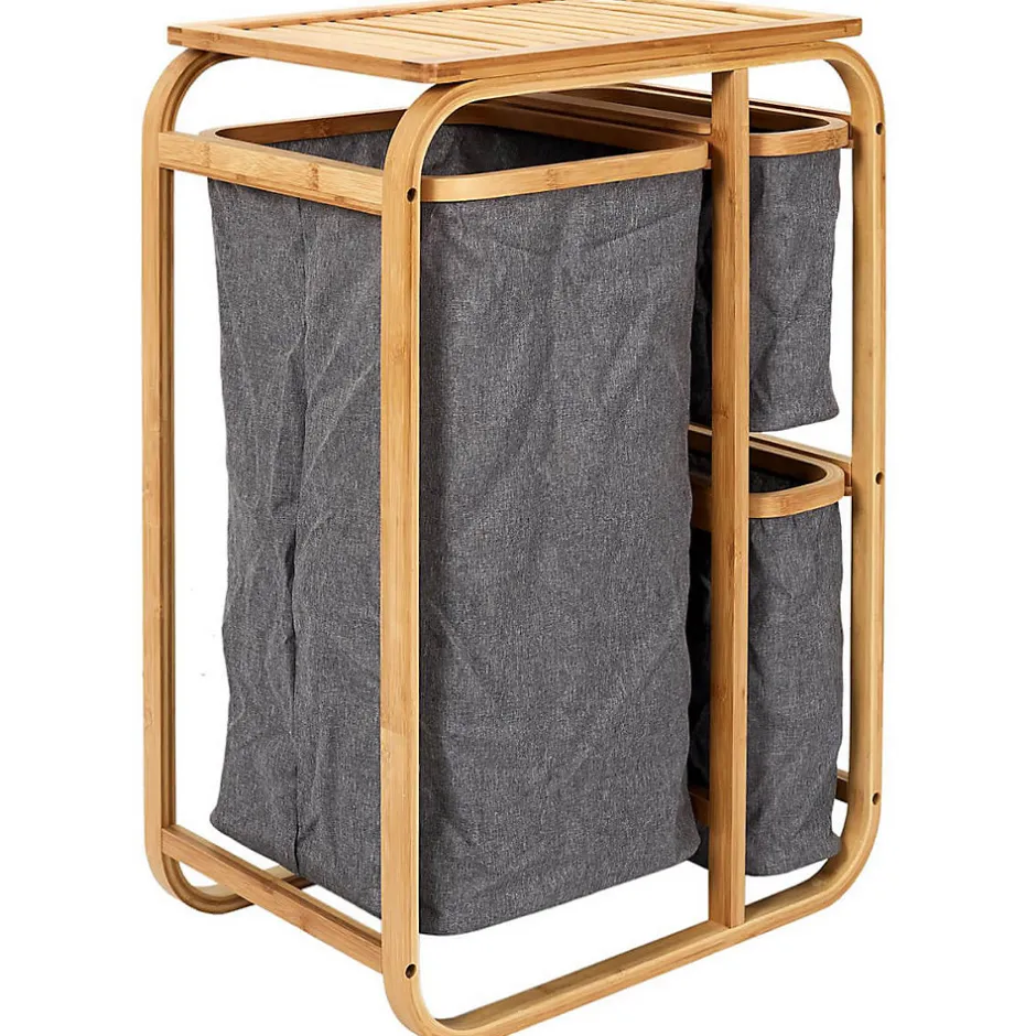 Altobuy LAZEN - Rangement à 3 Panières en Bambou et Tissu Gris