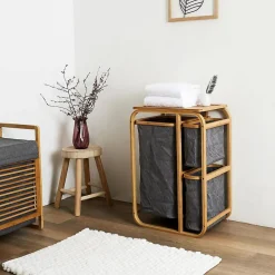 Altobuy LAZEN - Rangement à 3 Panières en Bambou et Tissu Gris