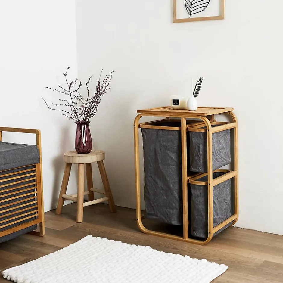 Altobuy LAZEN - Rangement à 3 Panières en Bambou et Tissu Gris