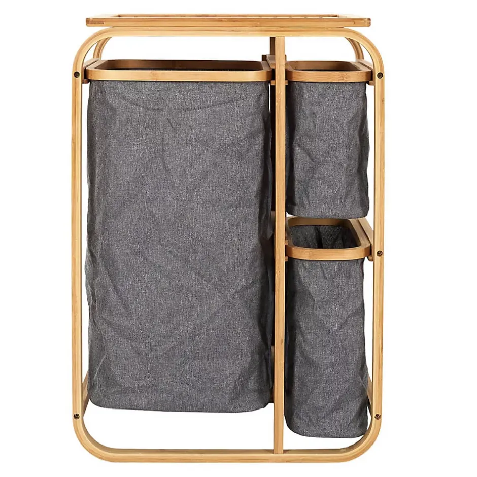 Altobuy LAZEN - Rangement à 3 Panières en Bambou et Tissu Gris
