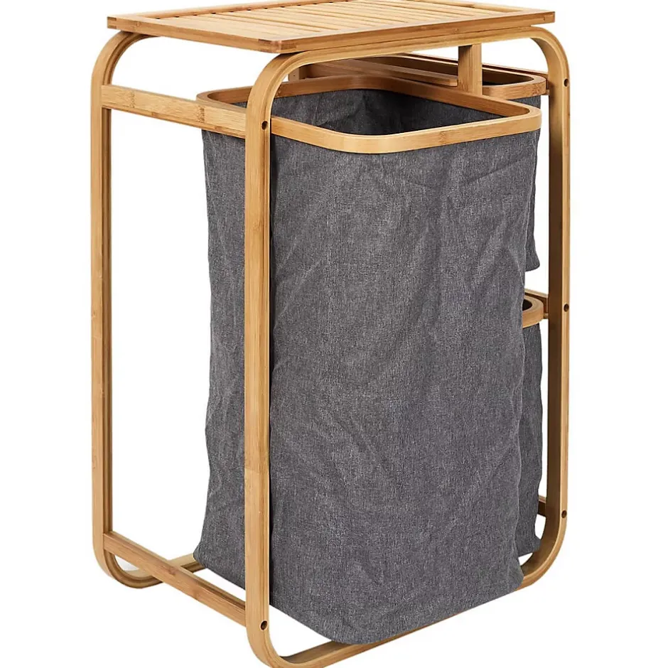 Altobuy LAZEN - Rangement à 3 Panières en Bambou et Tissu Gris