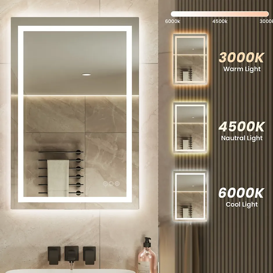 Sofetiy Max LED Miroir Lumineux Tricolore + Anti-buée 90x60cm Salle de Bain Dimmable,Tactile Miroir de salle de bains LED* Miroir Lumineux