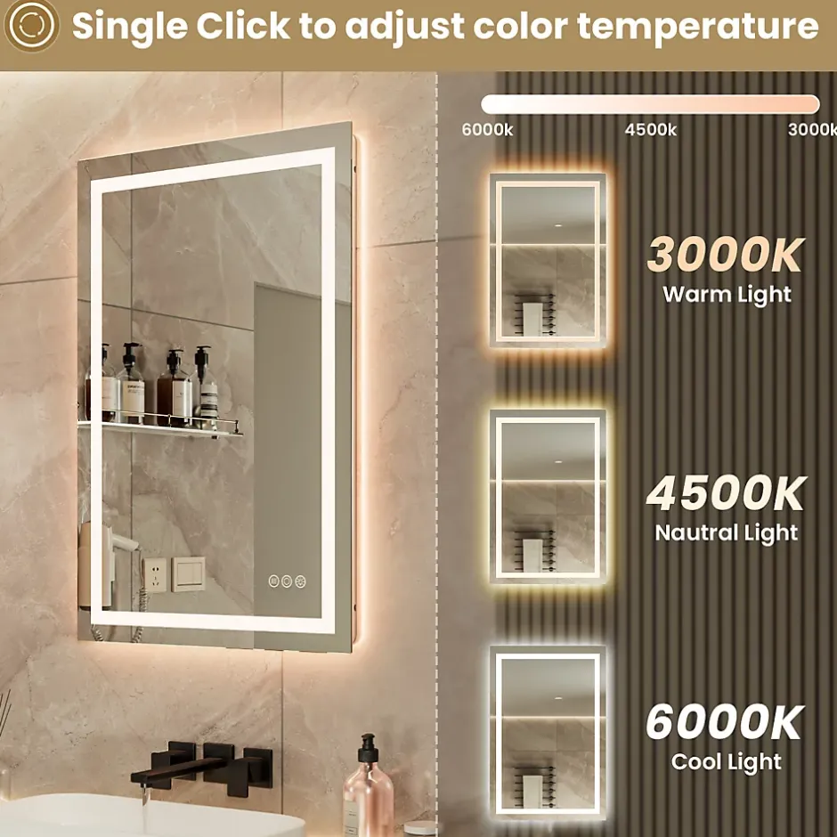 Sofetiy Max LED Miroir Lumineux Tricolore + Anti-buée 90x60cm Salle de Bain Dimmable,Tactile Miroir de salle de bains LED* Miroir Lumineux