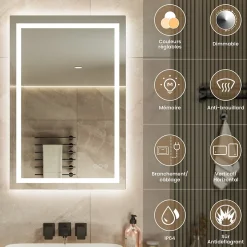Sofetiy Max LED Miroir Lumineux Tricolore + Anti-buée 90x60cm Salle de Bain Dimmable,Tactile Miroir de salle de bains LED* Miroir Lumineux