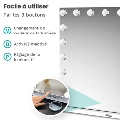 Mirlux LED Miroir Maquillage Hollywood 80x60cm, 2 haut-parleurs Bluetooth, recharge USB & USB-C, Grossissement 10x, Noir* Miroir Grossissant Lumineux