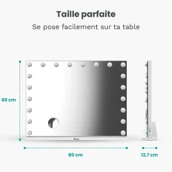 Mirlux LED Miroir Maquillage Hollywood 80x60cm, 2 haut-parleurs Bluetooth, recharge USB & USB-C, Grossissement 10x, Noir* Miroir Grossissant Lumineux