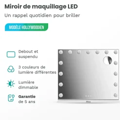 Mirlux LED Miroir Maquillage Hollywood 58x48cm, 2 haut-parleurs Bluetooth, recharge USB & USB-C, Grossissement 10x, blanc* Miroir Grossissant Lumineux