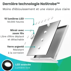 Mirlux LED Miroir Maquillage Hollywood 58x48cm, 2 haut-parleurs Bluetooth, recharge USB & USB-C, Grossissement 10x, blanc* Miroir Grossissant Lumineux