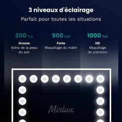Mirlux LED Miroir maquillage Hollywood 80x60cm, recharge USB & USB-C, Blanc, Technologie Anti-scintillement* Miroir Grossissant Lumineux