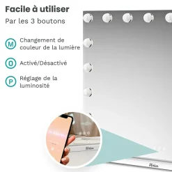 Mirlux LED Miroir maquillage Hollywood 80x60cm, recharge USB & USB-C, Blanc, Technologie Anti-scintillement* Miroir Grossissant Lumineux
