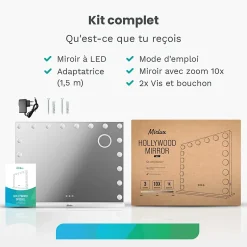 Mirlux LED Miroir maquillage Hollywood 80x60cm, recharge USB & USB-C, Blanc, Technologie Anti-scintillement* Miroir Grossissant Lumineux