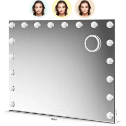 Mirlux LED Miroir Maquillage Hollywood 80x60cm, 2 haut-parleurs Bluetooth, recharge USB & USB-C, Grossissement 10x, Blanc* Miroir Grossissant Lumineux