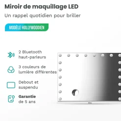 Mirlux LED Miroir Maquillage Hollywood 80x60cm, 2 haut-parleurs Bluetooth, recharge USB & USB-C, Grossissement 10x, Blanc* Miroir Grossissant Lumineux