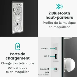 Mirlux LED Miroir Maquillage Hollywood 80x60cm, 2 haut-parleurs Bluetooth, recharge USB & USB-C, Grossissement 10x, Blanc* Miroir Grossissant Lumineux