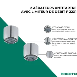 Presto Lot de 2 aérateurs antitartre avec limiteur de débit 3 l/min F 22x1 chromé* Accessoire De Robinet