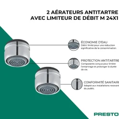 Presto Lot de 2 aérateurs antitartre avec limiteur de débit 3 l/min M 24x1 chromé