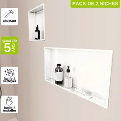 Italbox Lot de 2 Niches de Douche Blanc Satiné - 30x30 cm et 30x60 cm - Rangement Mural Salle de Bain - NOOK* Niche De Salle De Bains
