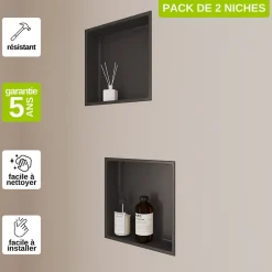 Italbox Lot de 2 Niches de Douche Noir Satiné - 30x30 cm - Rangement Mural Salle de Bain - NOOK