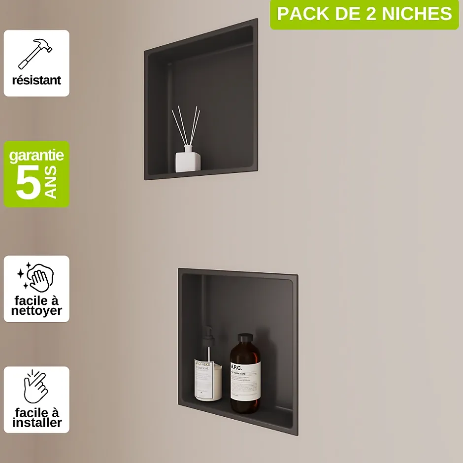 Italbox Lot de 2 Niches de Douche Noir Satiné - 30x30 cm - Rangement Mural Salle de Bain - NOOK