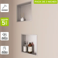Italbox Lot de 2 Niches de Douche Gris Satiné - 30x30 cm - Rangement Mural Salle de Bain - NOOK