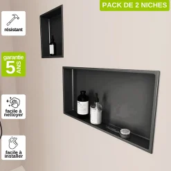Italbox Lot de 2 Niches de Douche Noir Satiné - 30x30 cm et 30x60 cm - Rangement Mural Salle de Bain - NOOK* Niche De Salle De Bains