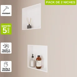 Italbox Lot de 2 Niches de Douche Blanc Satiné - 30x30 cm - Rangement Mural Salle de Bain - NOOK