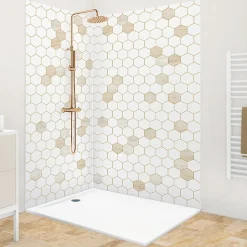 99Deco Lot de 2 panneaux de douche en PVC (90x220 & 120x220 cm) + profilés blanc - Hexa Travertin - Gris