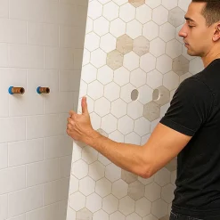99Deco Lot de 2 panneaux de douche en PVC (90x220 & 120x220 cm) + profilés blanc - Hexa Travertin - Gris