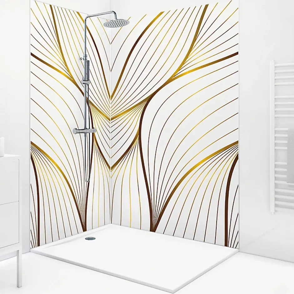 99Deco Lot de 2 panneaux de douche en PVC (90x220 & 120x220 cm) + profilés blanc - Sotma - Blanc et doré* Panneau Mural De Salle De Bains