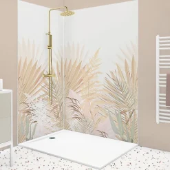 99Deco Lot de 2 panneaux de douche en aluminium (90x220 & 120x220 cm) + profilés blanc - Motif végétal - Beige - Gaïa