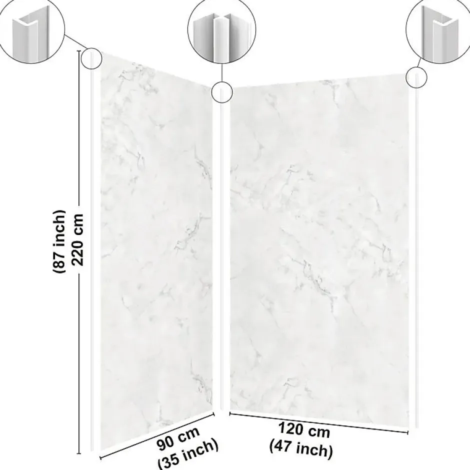 99Deco Lot de 2 panneaux de douche en aluminium (90x220 & 120x220 cm) + profilés blanc - Effet Marbre clair* Panneau Mural De Salle De Bains