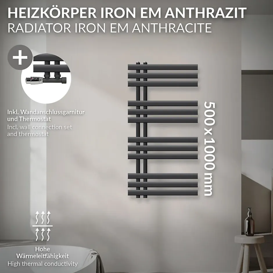 Luxebath Radiateur de Salle de Bain Iron EM 500x1000 mm Anthracite Raccord Central