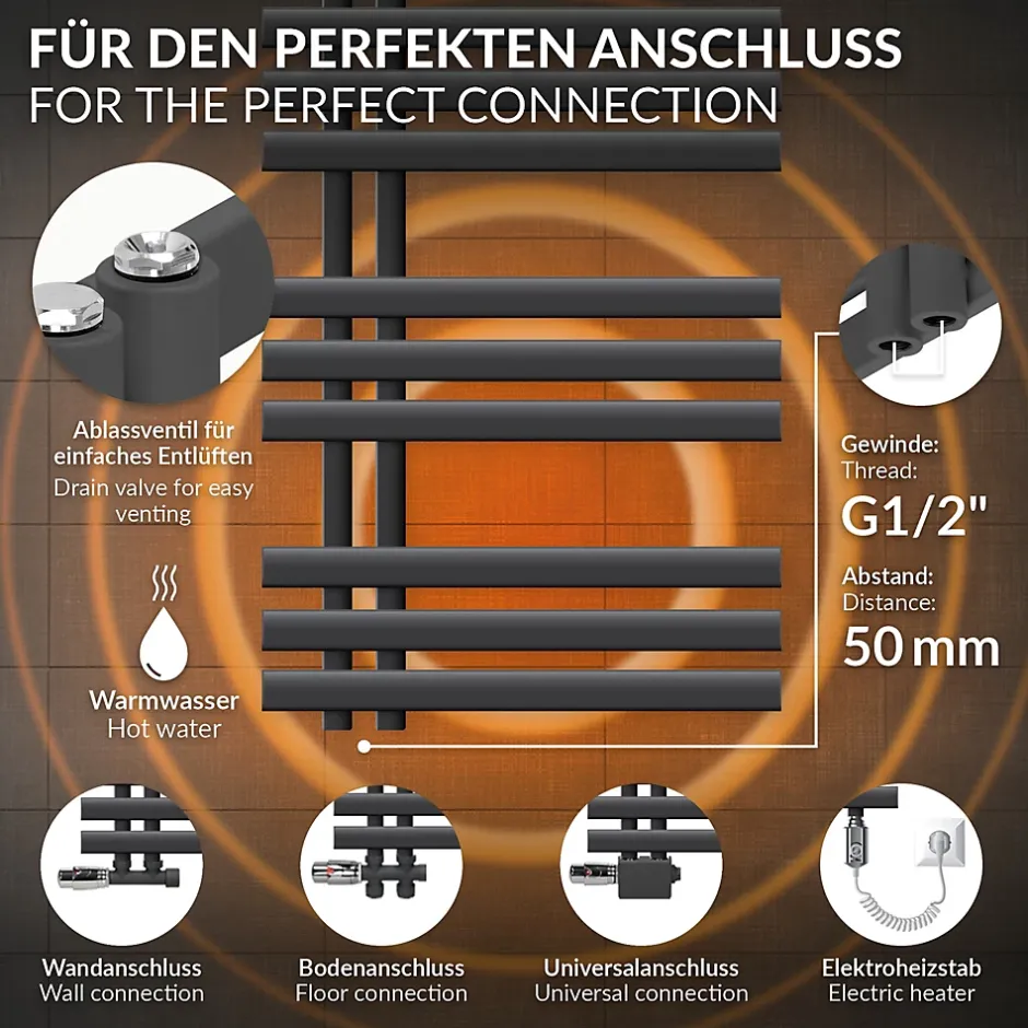 Luxebath Radiateur de Salle de Bain Iron EM 500x1000 mm Anthracite Raccord Central