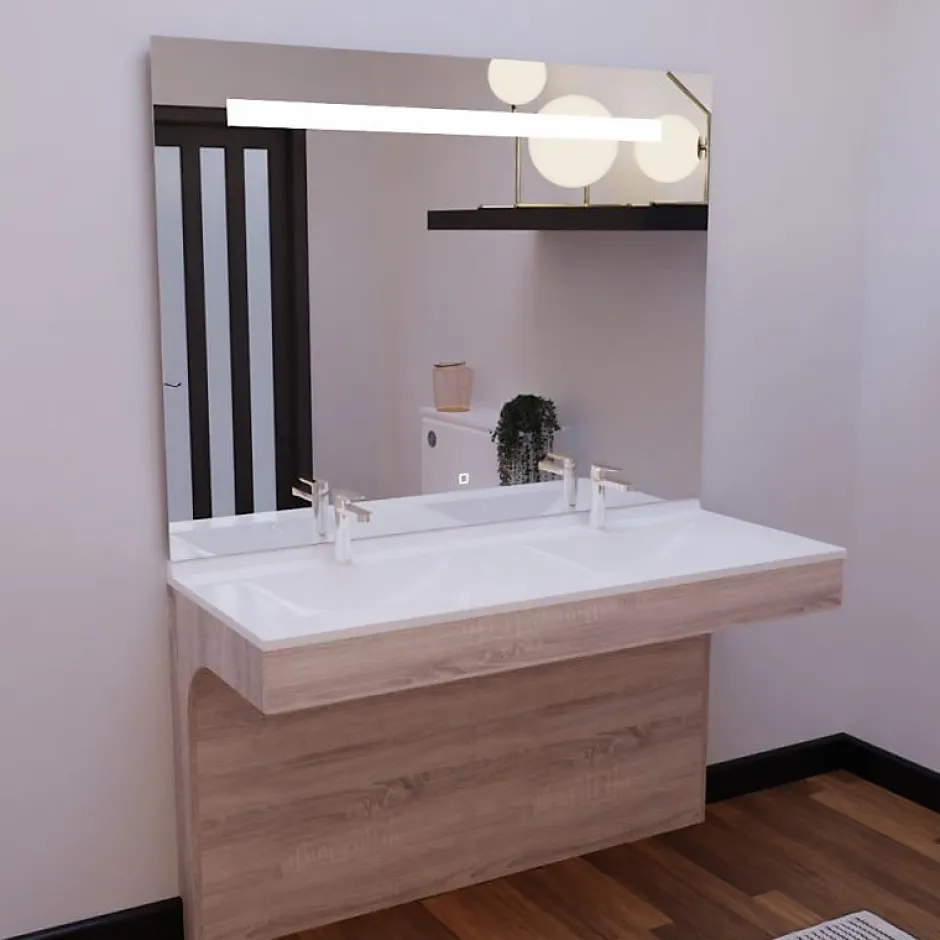 Cuisibane Meuble ALTEA 140 cm avec plan double vasque et miroir led Elégance - Cambrian oak