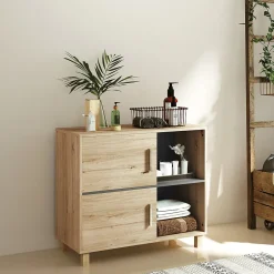 Homcom Meuble bas de salle de bain style bohème - 2 portes, 2 niches - gris effet bois clair naturel