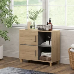 Homcom Meuble bas de salle de bain style bohème - 2 portes, 2 niches - gris effet bois clair naturel