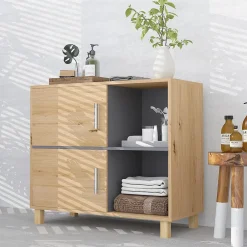 Homcom Meuble bas de salle de bain style bohème - 2 portes, 2 niches - gris effet bois clair naturel