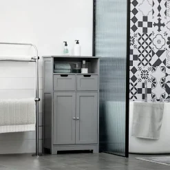 kleankin Meuble bas de salle de bain multi-rangements grande niche 2 tiroirs placard double porte avec étagère MDF gris